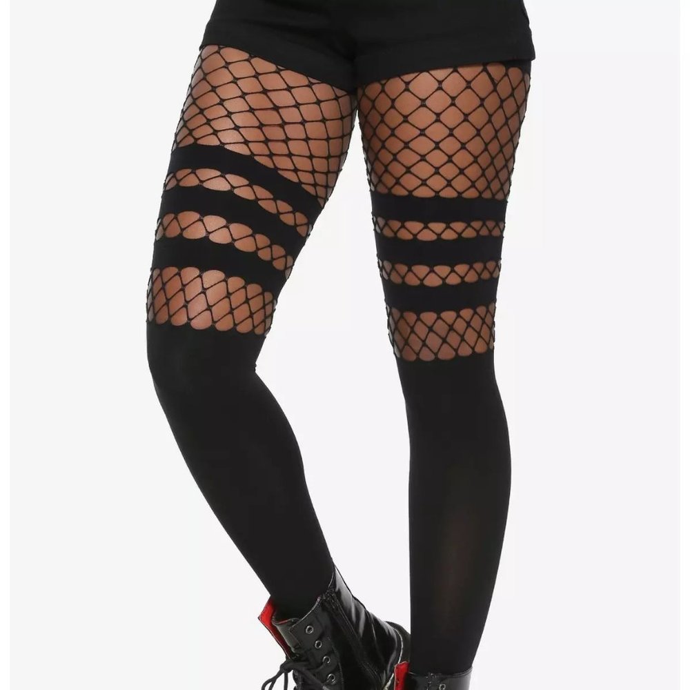 Hot Topic Blackheart faux thigh high stripes and fishnet tights